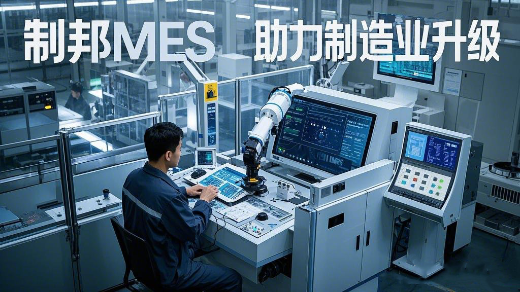 主題為 “制邦MES 助力制造業(yè)升級”。畫面呈現(xiàn)出一個(gè)現(xiàn)代化的智能工廠，車間里機(jī)械臂有序地工作，在工廠的中控室里，大屏幕上展示著生產(chǎn)數(shù)據(jù)和制邦MES的數(shù)據(jù)分析圖表，一位工程師正在通